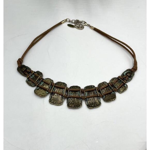 St. Thomas Etched Medallions Copper Tone Brown Suede Patina Statement Necklace - Picture 8 of 15